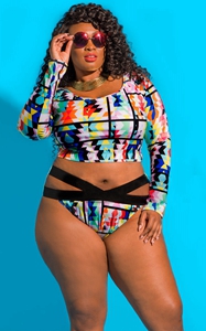 F4694  F4694  Plus Size High Waist swimsuit Long Sleeve Bathing Suit